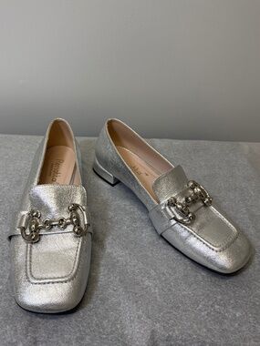 Renatta Spain Silver Metallic Leather Loafers, Square Driving Flat Shoes 39/8.5